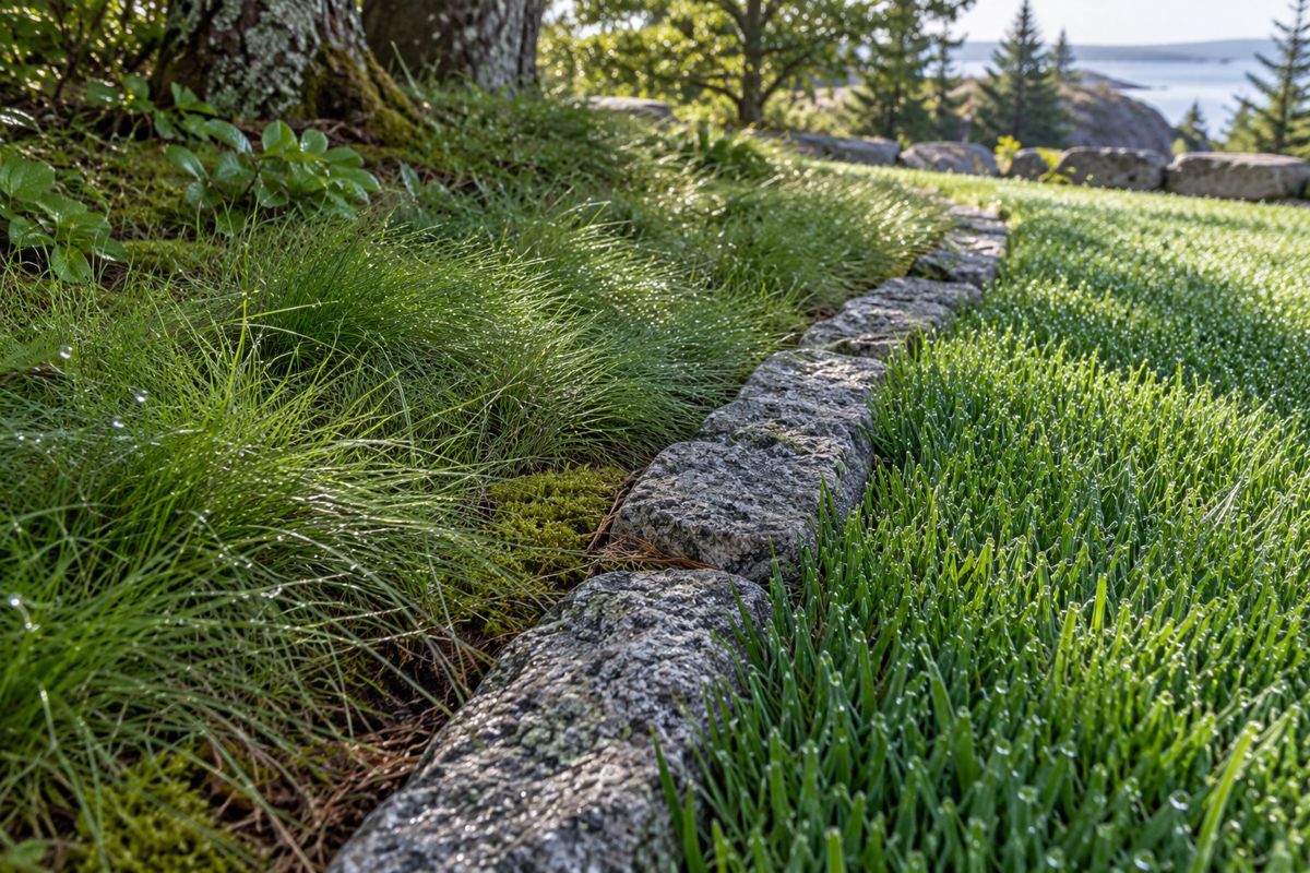 Fine fescue in shade beside dense bluegrass in sun