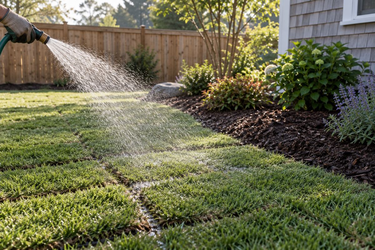 Gloved hand watering newly laid sod with a hose