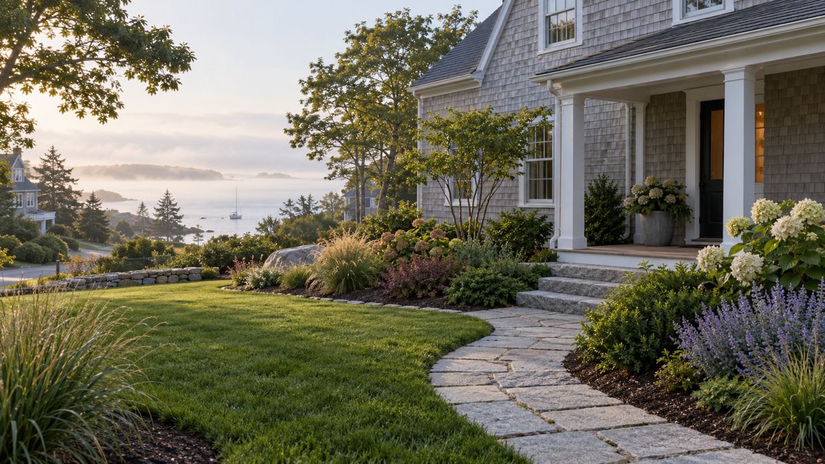 Freshly landscaped front yard of a shingled house in coastal Maine