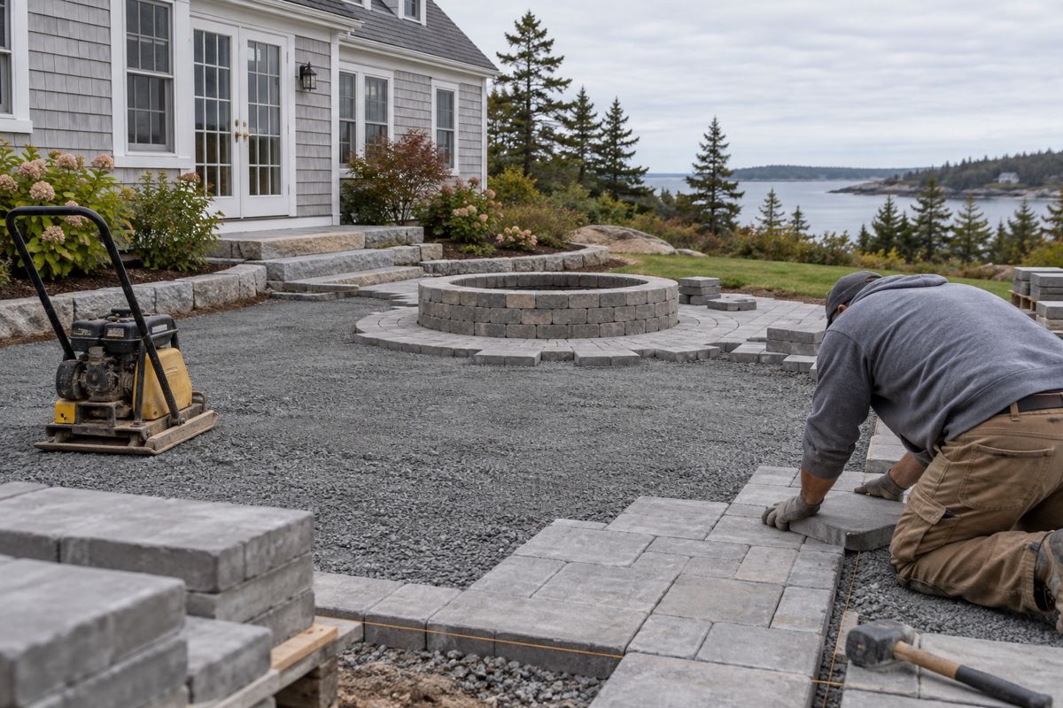 Gloved hands laying pavers on a compacted stone base