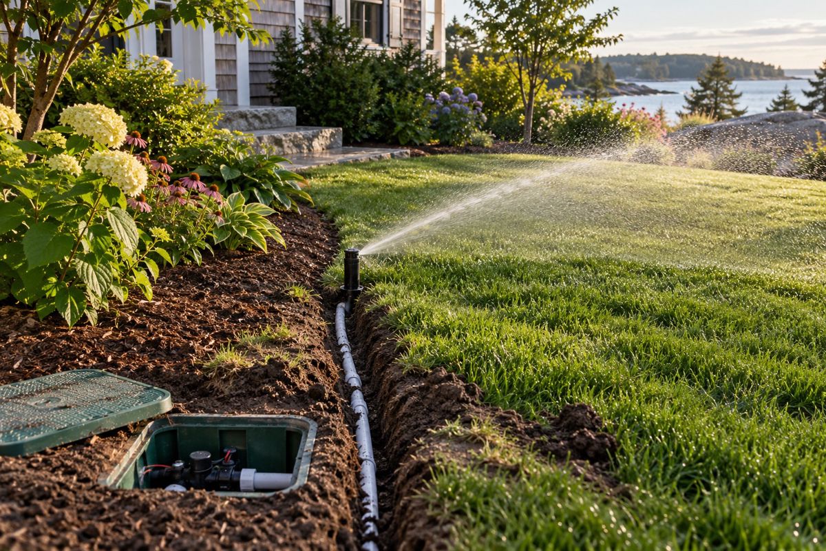 Sprinkler head watering a green lawn beside a planting bed