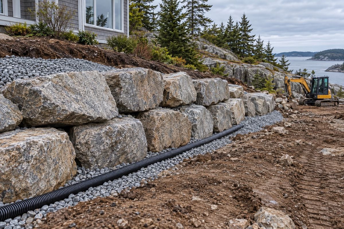 Granite boulder retaining wall with drainage stone and pipe