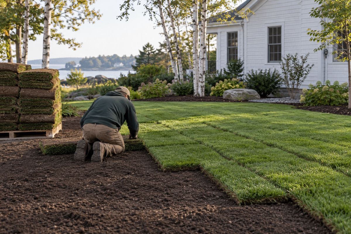 Fresh sod strips laid in staggered rows on prepared soil